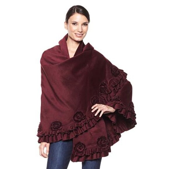 Adrienne Landau Jackets & Blazers - Adrienne Landau Merlot Ruffle Shawl Cape Wrap Ruana Poncho w/Faux Fur Rosettes
